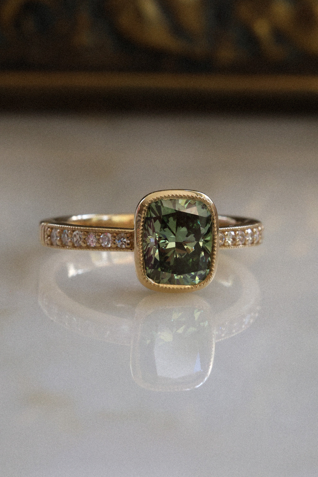 No. 15 Cushion Cut Green Diamond Antique Bezel Set Engagement Ring