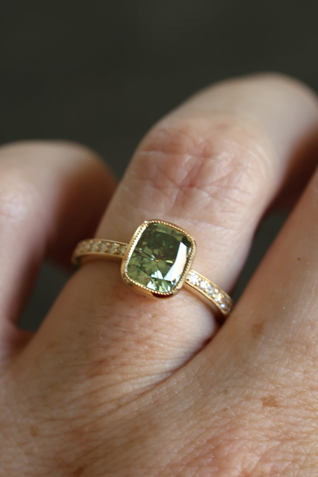No. 15 Cushion Cut Green Diamond Antique Bezel Set Engagement Ring
