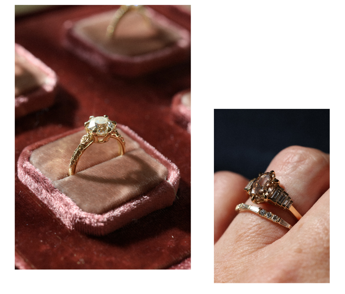 Two photos side by side on a black background. On the left, a yellow gold engagement ring with an old European cut diamond in six claw prongs and a sculpted rose and vine band, standing in a dusty pink velvet ring box on deep red velvet. On the right, a hand wearing a yellow gold engagement ring with an oval fancy light brown desert diamond and stepped tapered baguettes, stacked with the Tapered Baguette and Round Diamond Band.