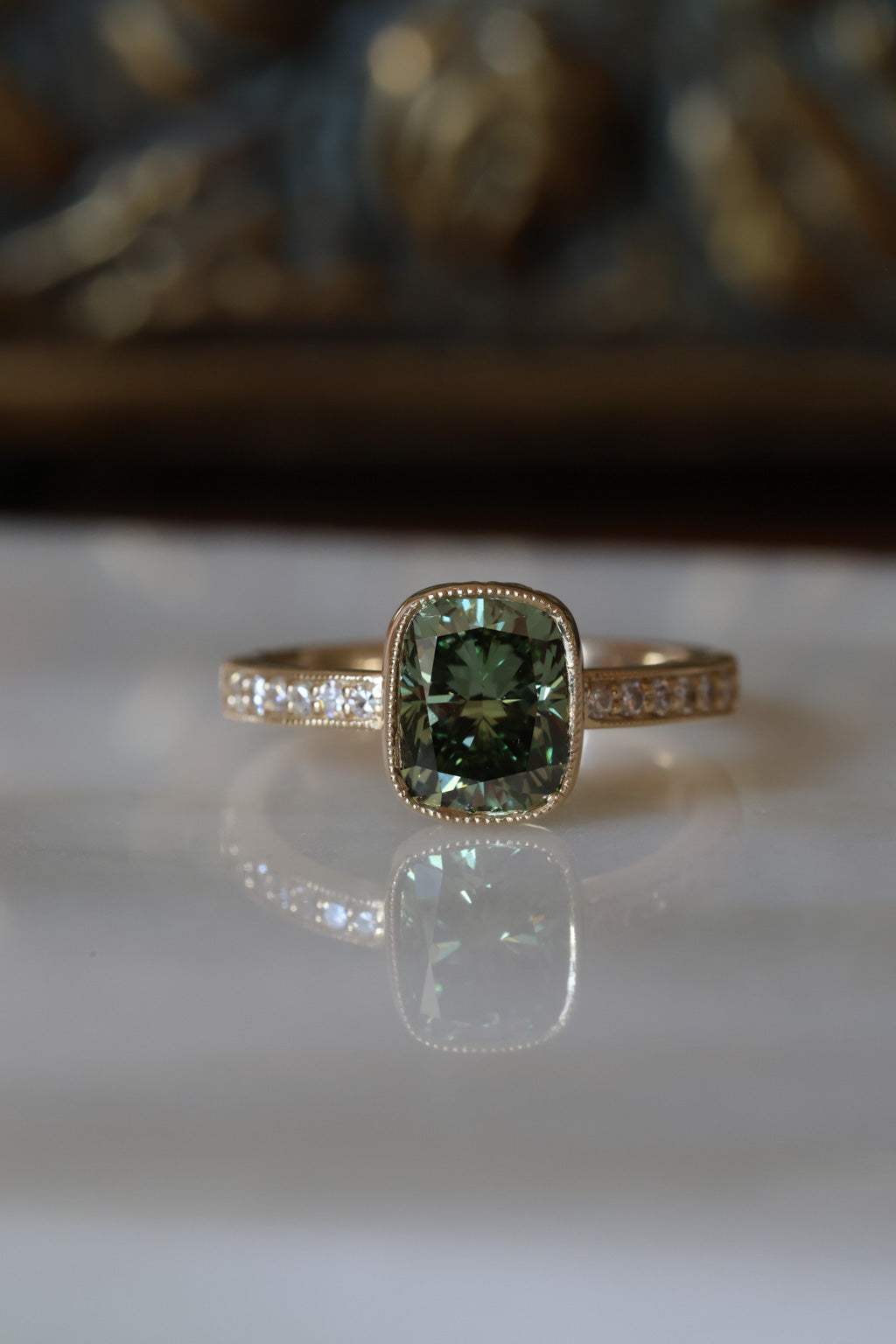 No. 15 Cushion Cut Green Diamond Antique Bezel Set Engagement Ring