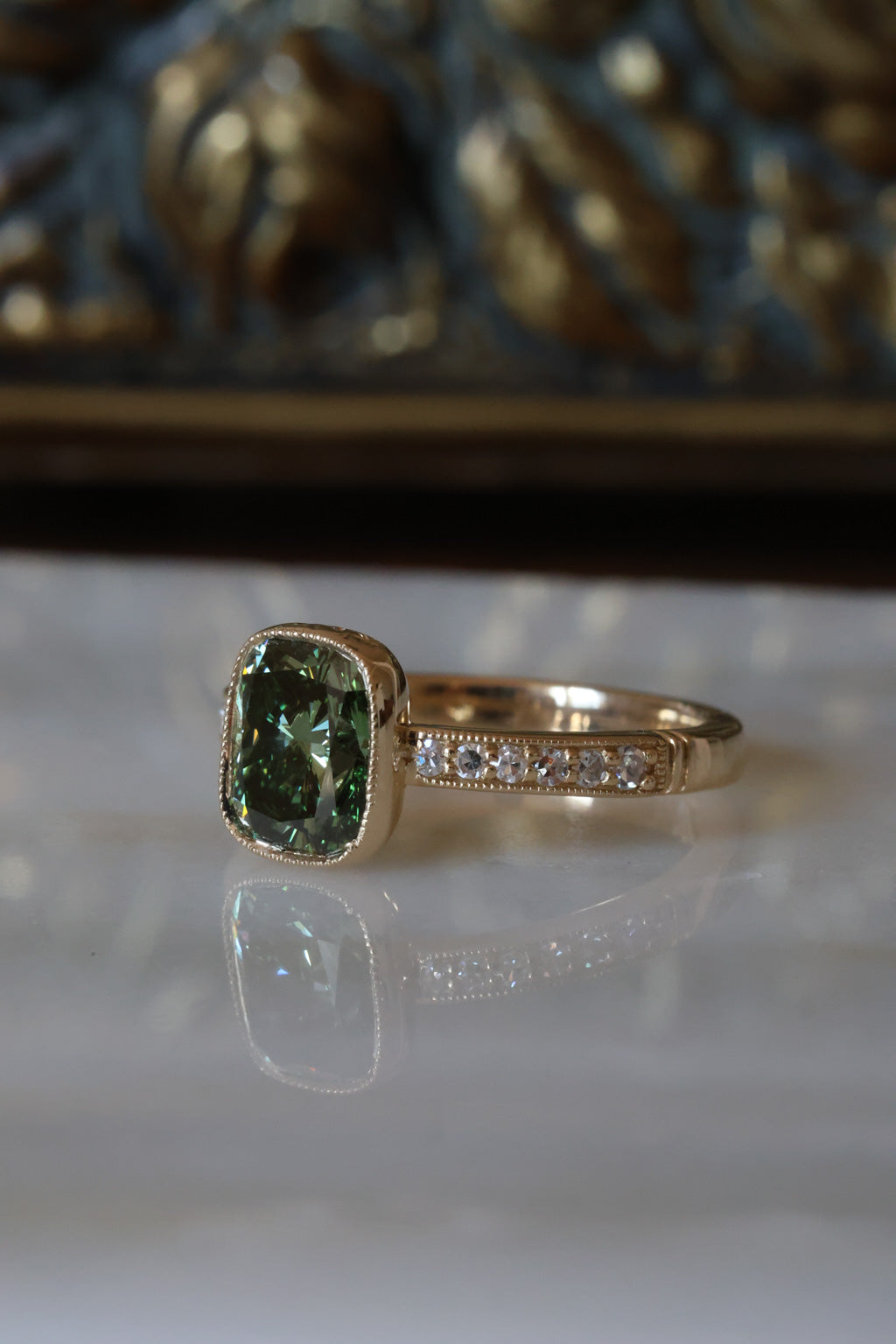 No. 15 Cushion Cut Green Diamond Antique Bezel Set Engagement Ring