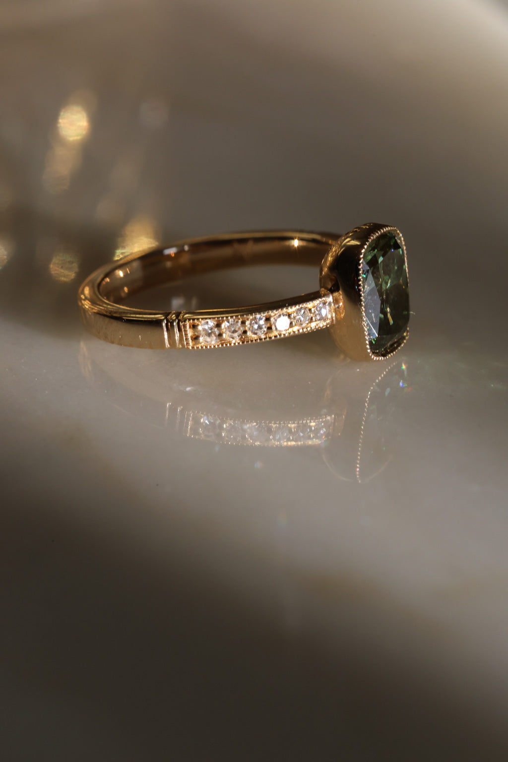 No. 15 Cushion Cut Green Diamond Antique Bezel Set Engagement Ring