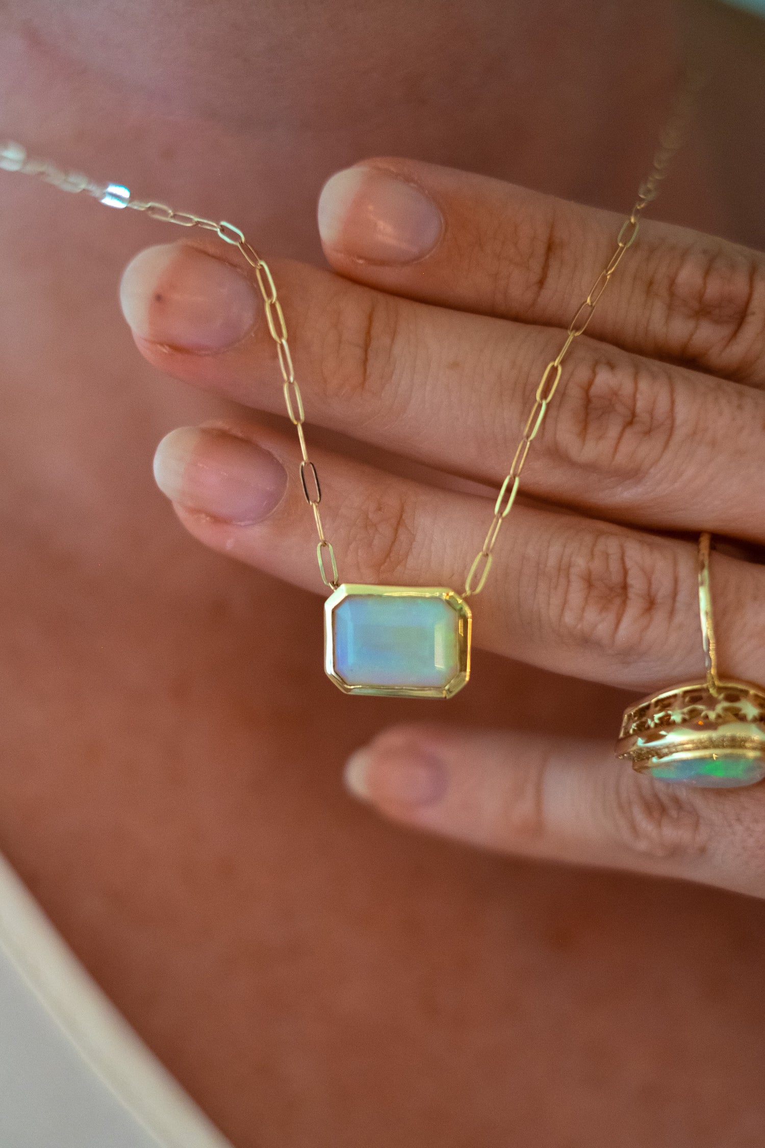 Bezel Set Opal Necklace on Trace Chain