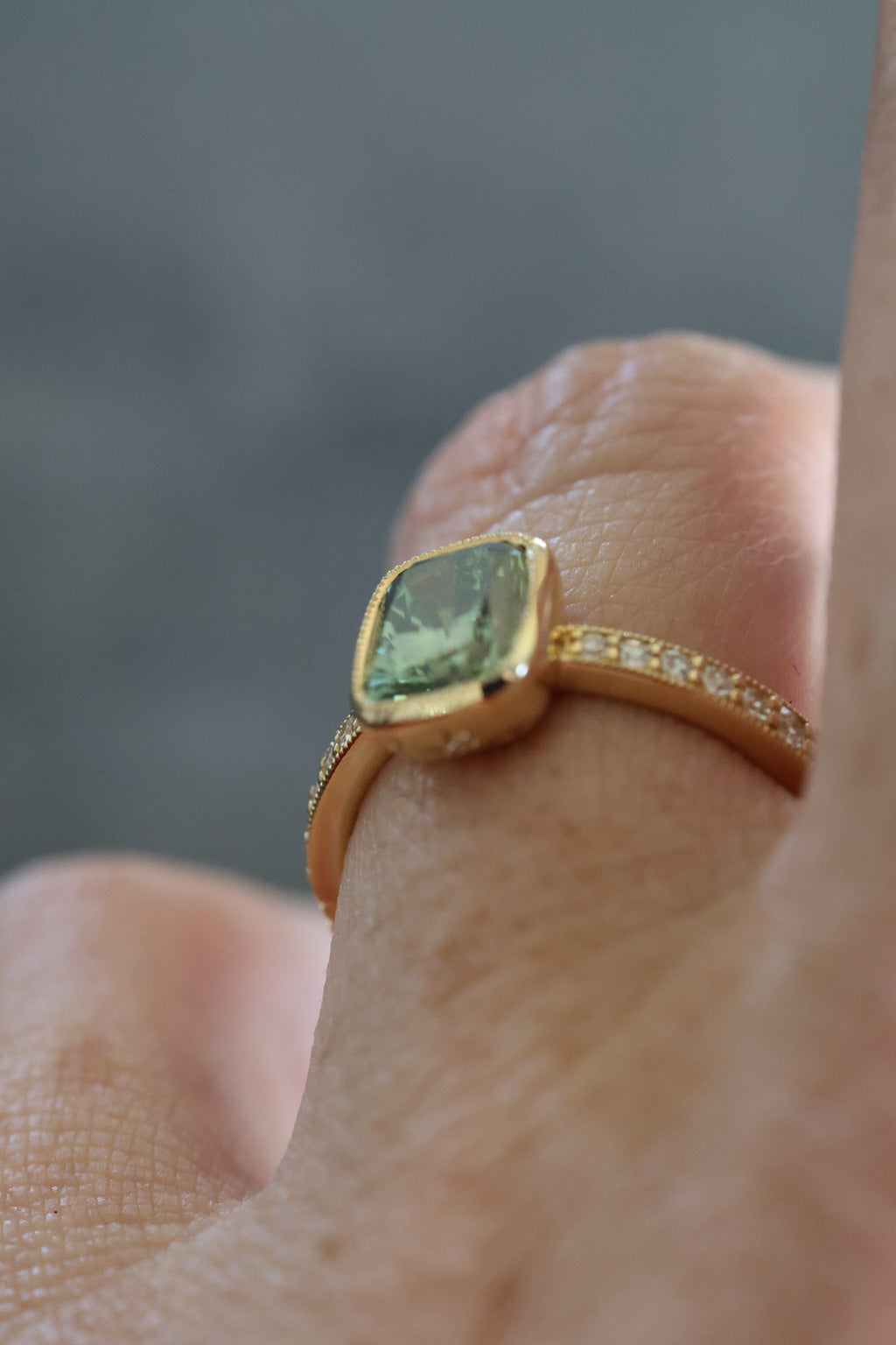 No. 15 Cushion Cut Green Diamond Antique Bezel Set Engagement Ring