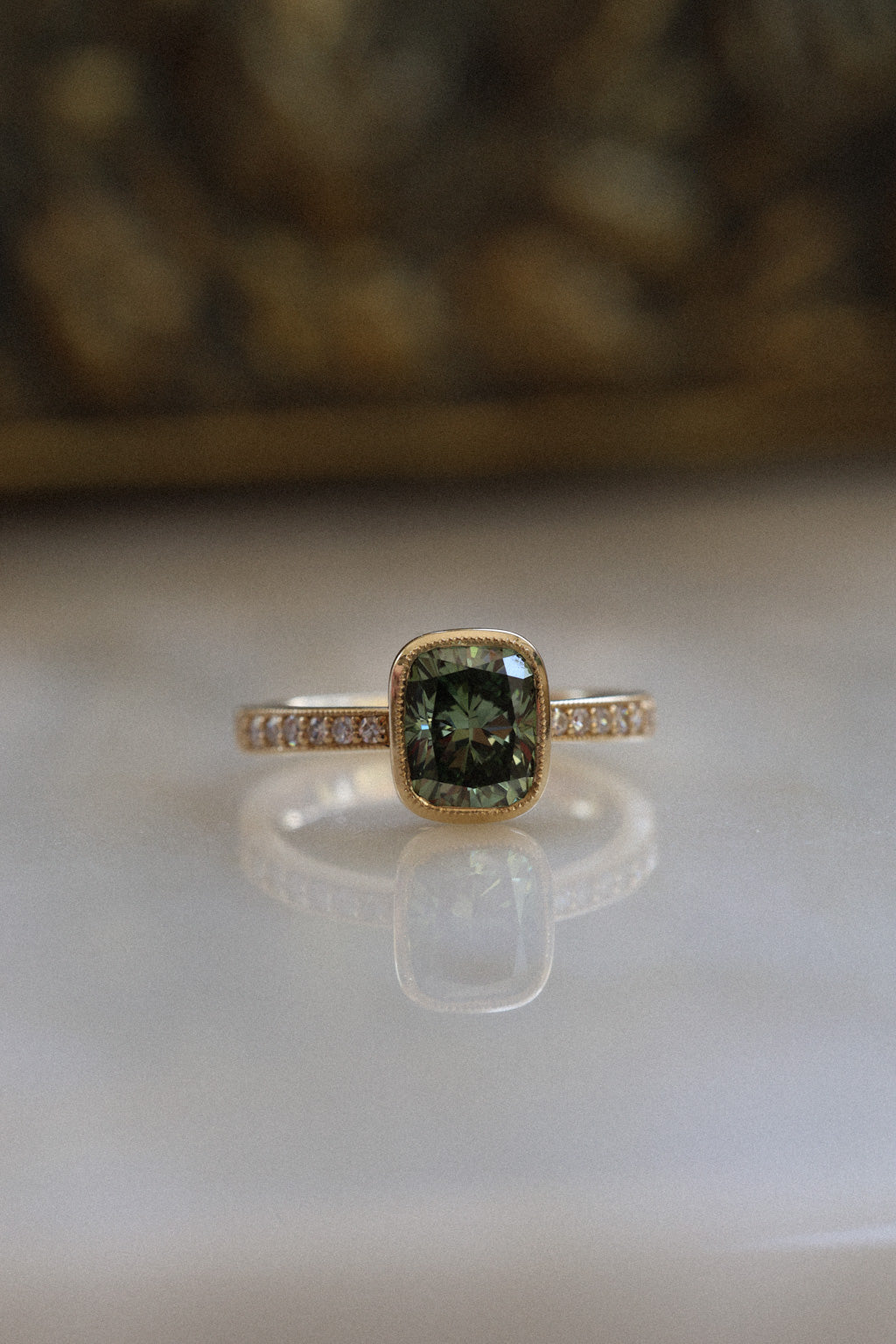 No. 15 Cushion Cut Green Diamond Antique Bezel Set Engagement Ring
