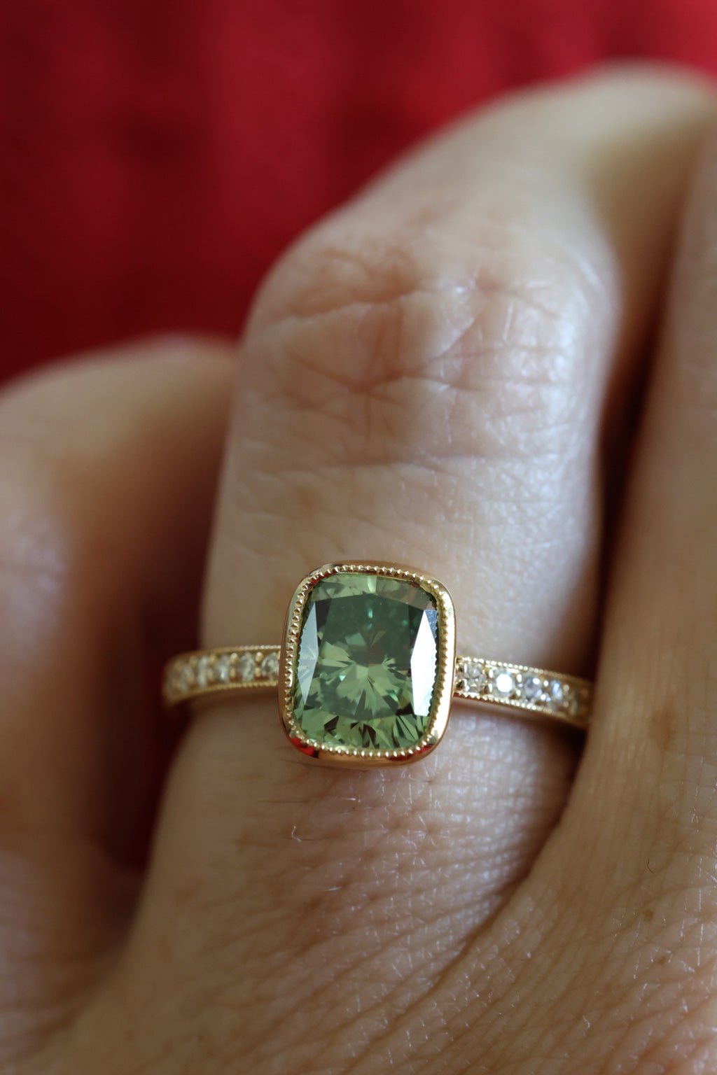 No. 15 Cushion Cut Green Diamond Antique Bezel Set Engagement Ring