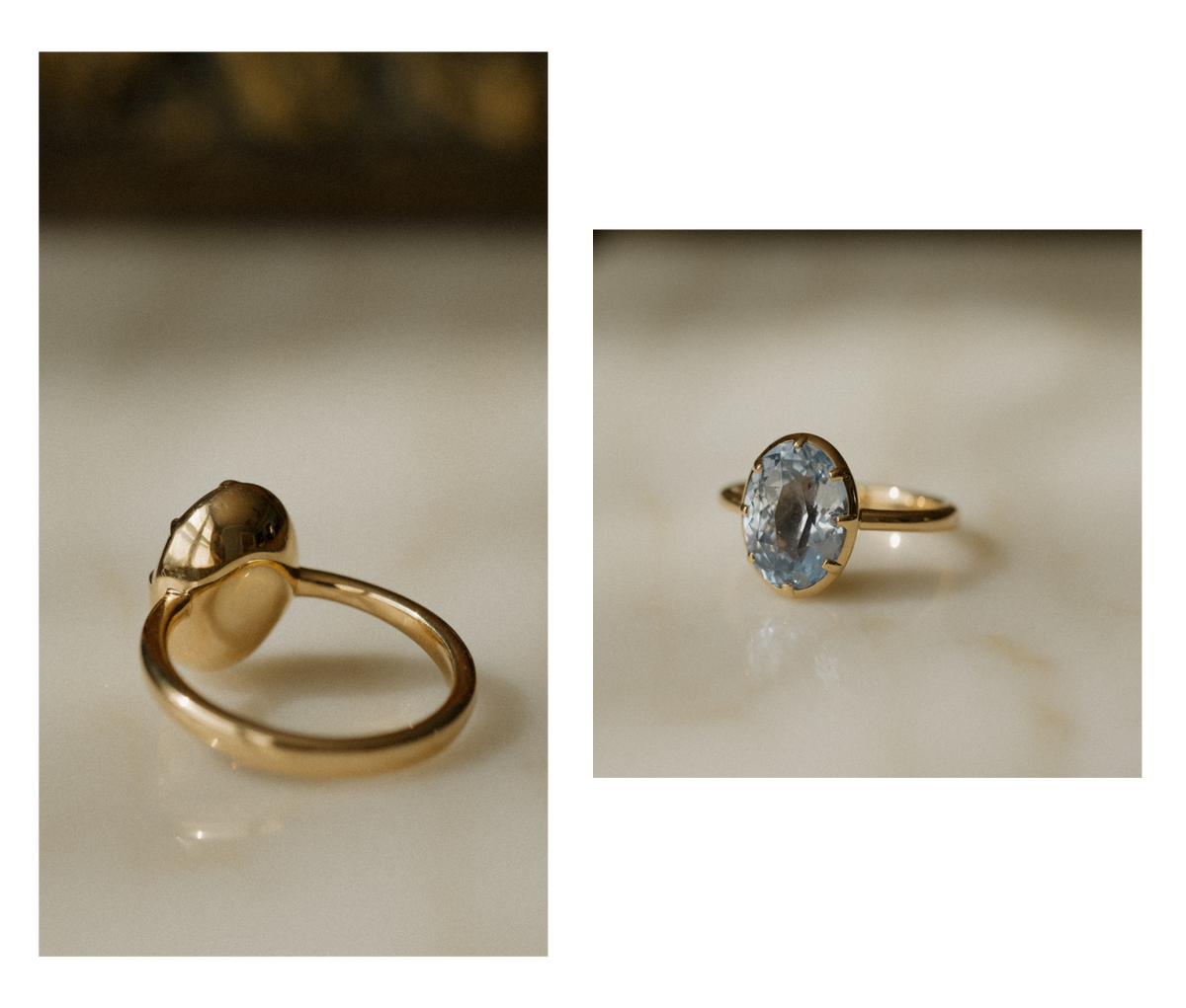Two photos side by side on a black background. On the left, a yellow gold engagement ring with an oval pale blue Ceylon sapphire held in an eight-prong collet setting, on a reflective cream marble surface. On the right, the back of the same ring, showing the smooth rounded underside of the collet and a plain gold band.