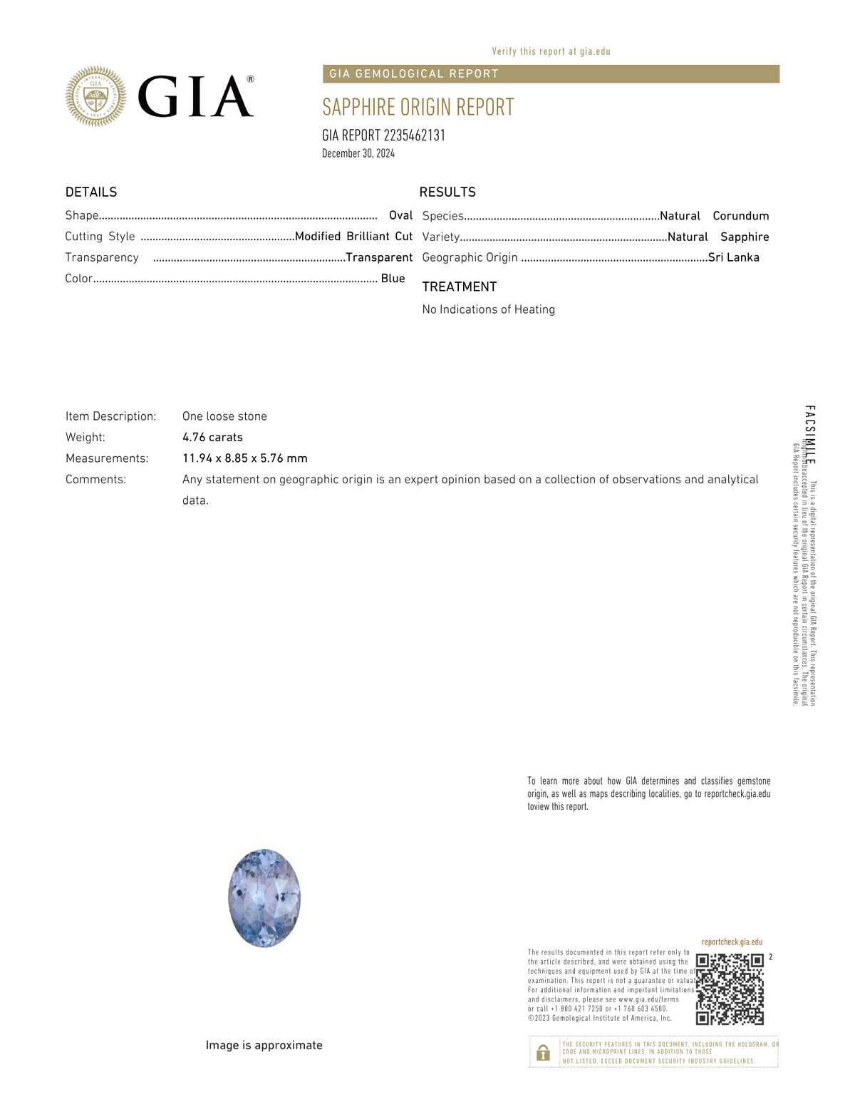 GIA report for the natural unheated Ceylon sapphire in the No. 04 engagement ring, listing an oval modified brilliant cut weighing 4.76 carats, origin Sri Lanka, with no indications of heating. Report number 2235462131.