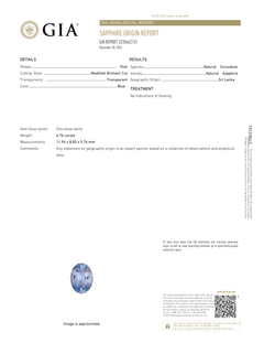 GIA report for the natural unheated Ceylon sapphire in the No. 04 engagement ring, listing an oval modified brilliant cut weighing 4.76 carats, origin Sri Lanka, with no indications of heating. Report number 2235462131.