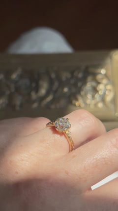Video of a hand wearing a yellow gold engagement ring with an old European cut diamond in six claw prongs and a sculpted rose and vine band, turning slowly in warm sunlight in front of an antique-style brass jewelry box.