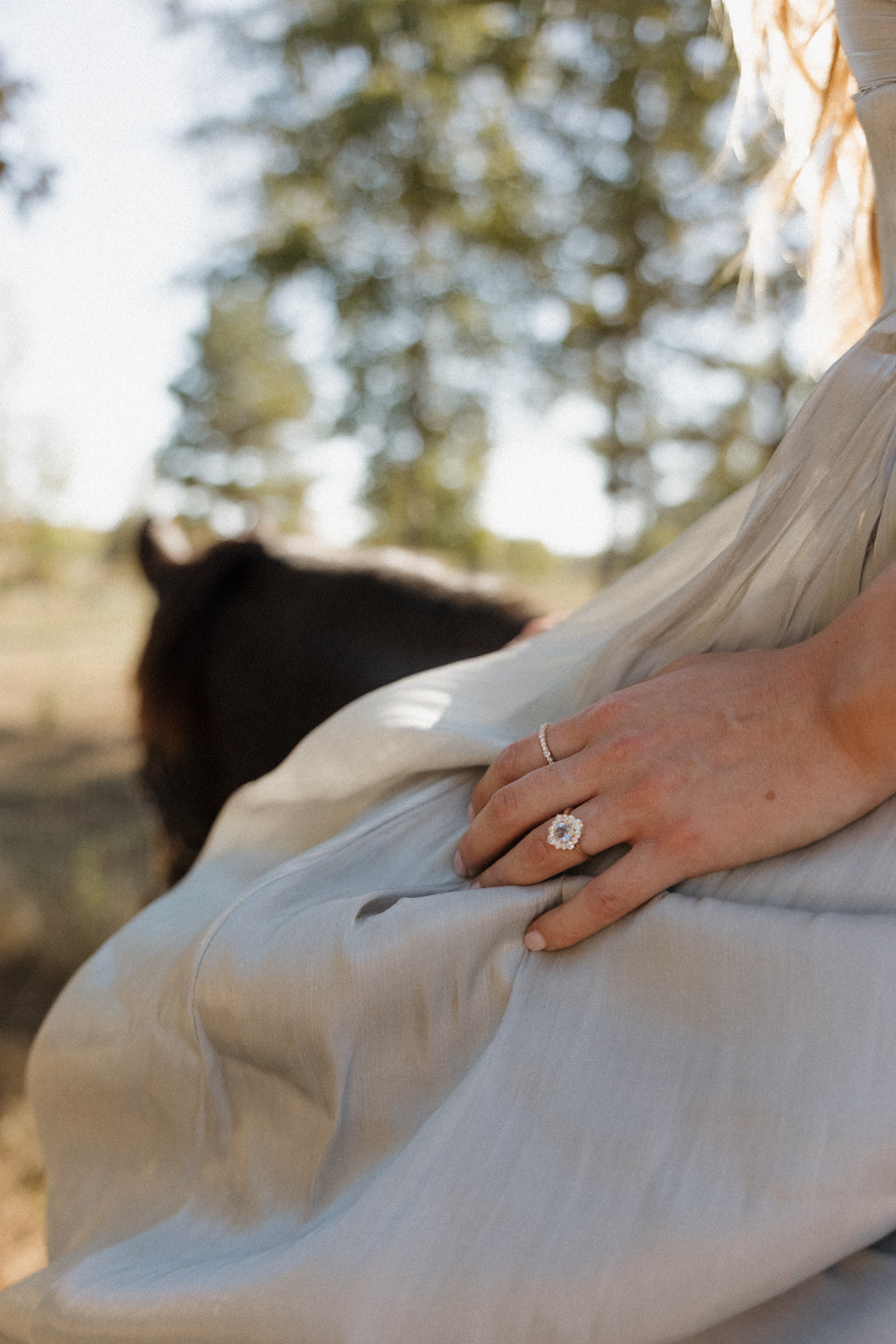 A hand resting in the lap of a pale blue-gray satin gown, wearing a pale blue sapphire halo engagement ring and a slim diamond band, with a dark horse and trees blurred in the background.